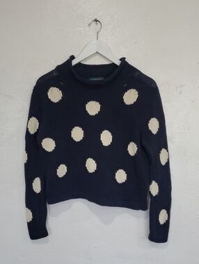 Vintage J. Crew Navy Blue & White Polka Dot Roll Neck Sweater Size XS